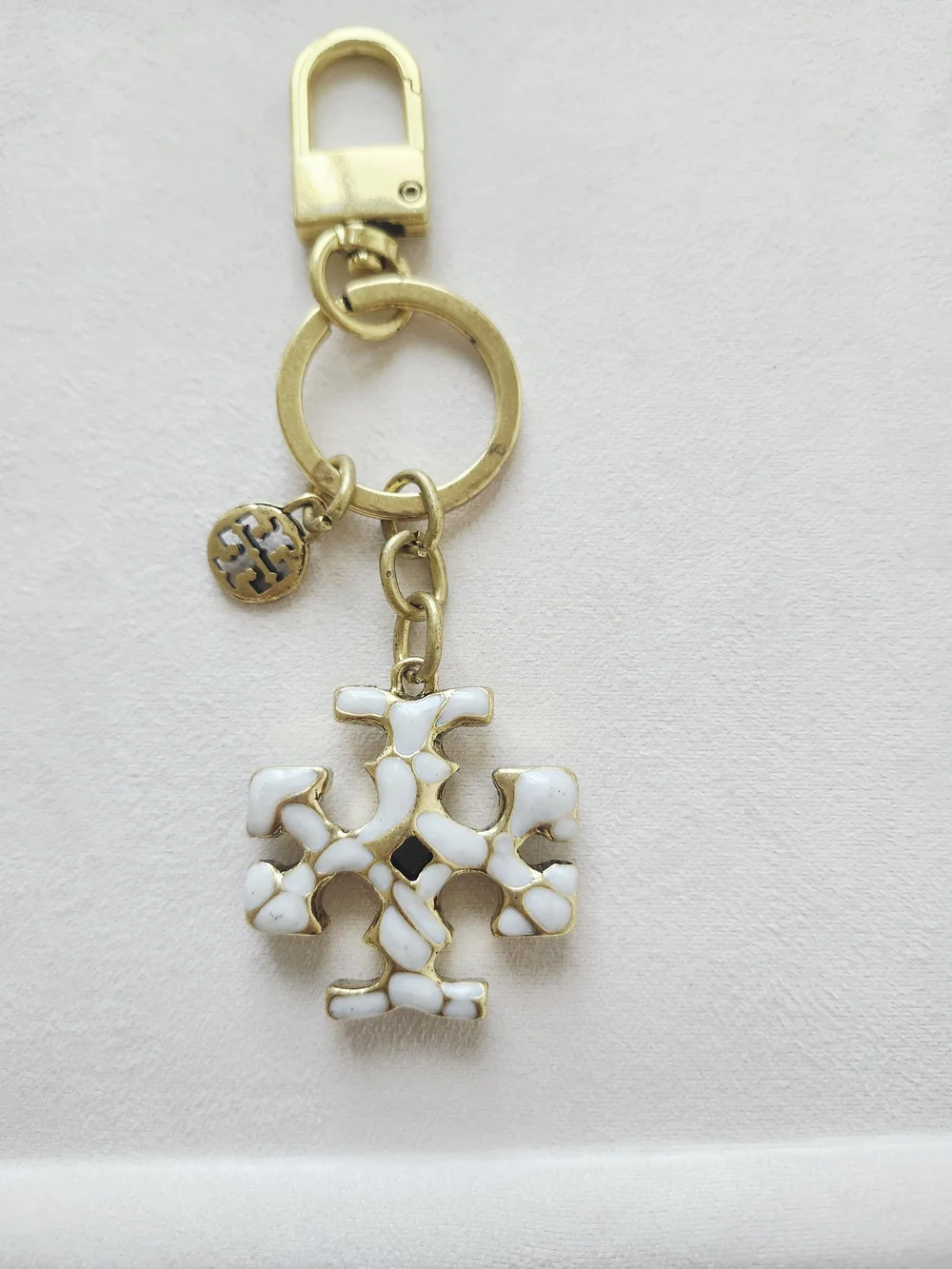 Tory Burch Gold Tone Logo Bag Charm Keychain Ivory Enamel